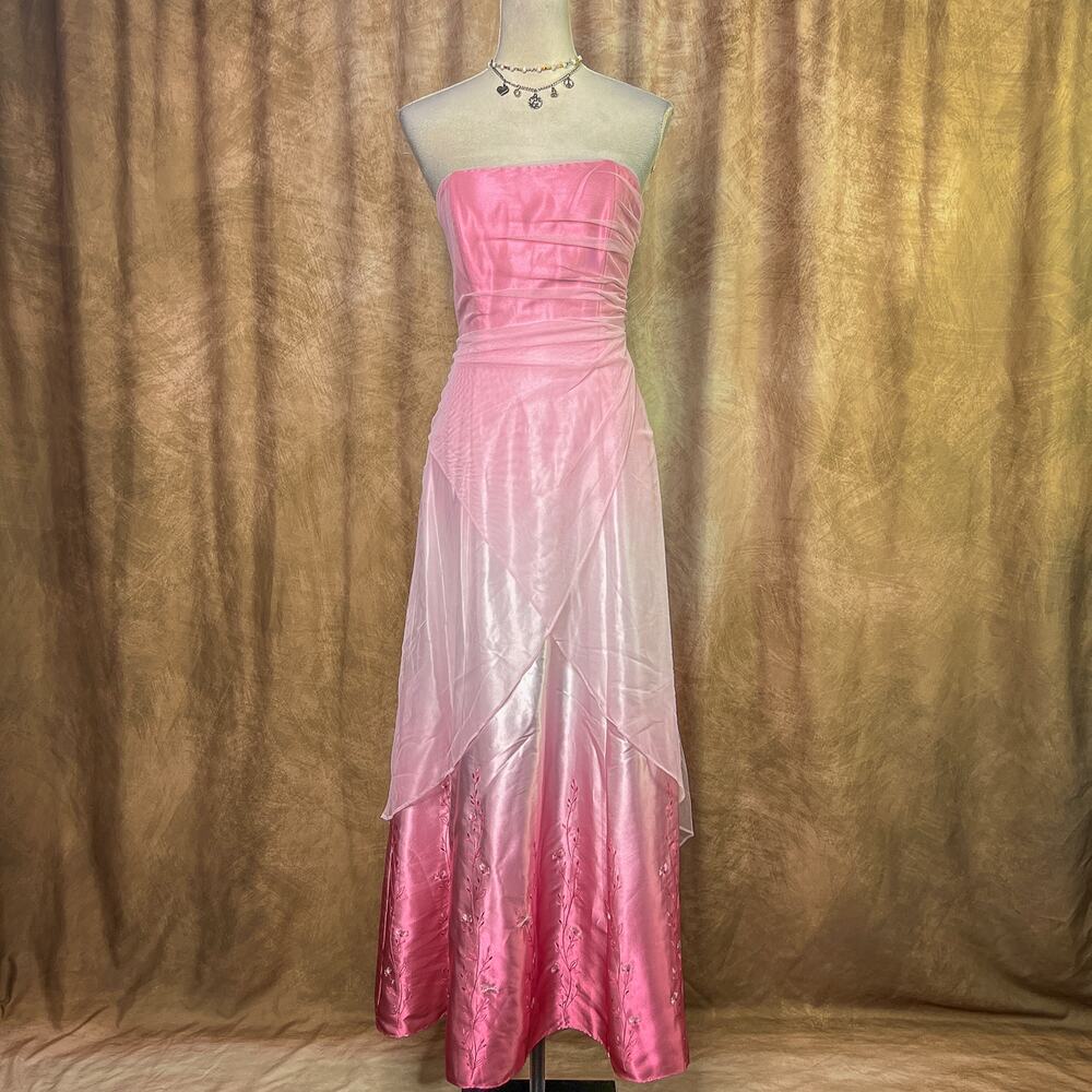 Vintage Y2K Formal Dress Strapless Ombre Gown Chiffon Floral Embroidered Pink